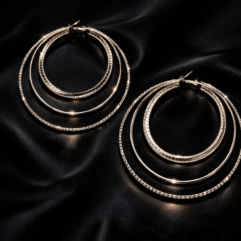 Pair of silver hoop earrings on a dark fabric background