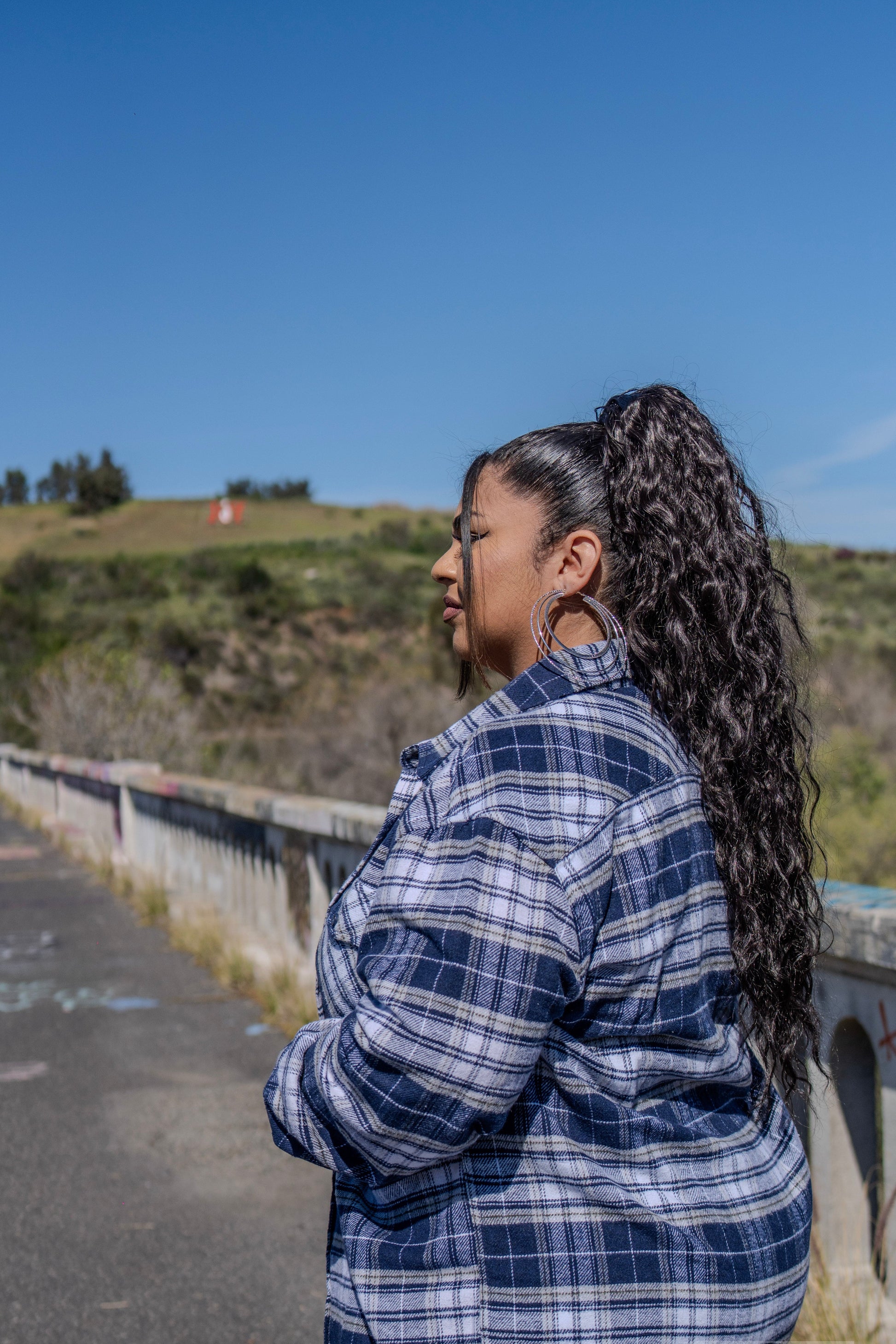 Person wearing a blue plaid shirt standing on a road with a scenic background